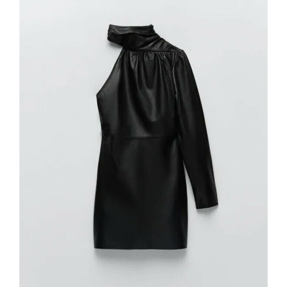 NWT black leather asymmetrical mini dress sz. small